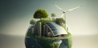 An illustration of a sustainable Earth with wind turbines and solar panels.