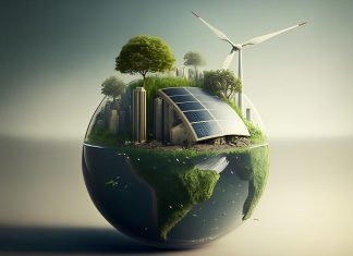 Understanding Carbon Footprints: What They Are and How to Reduce Them An illustration of a sustainable Earth with wind turbines and solar panels.