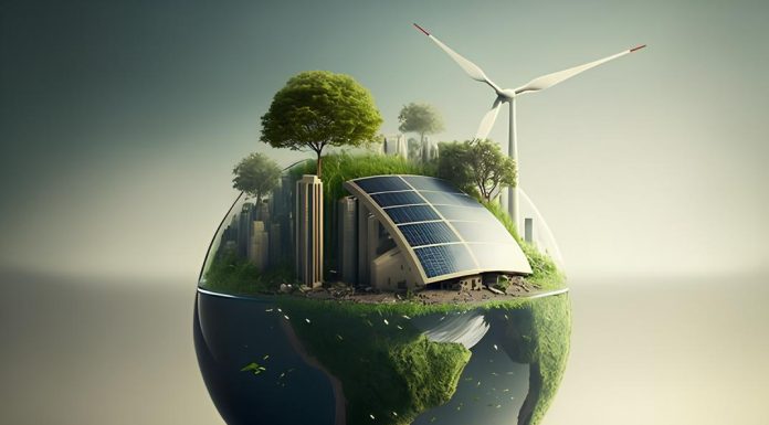 Understanding Carbon Footprints: What They Are and How to Reduce Them An illustration of a sustainable Earth with wind turbines and solar panels.
