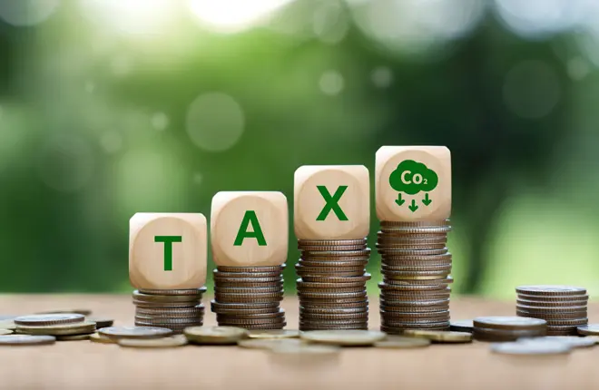 A stack of coins with a small plant symbolizing carbon tax and green growth.