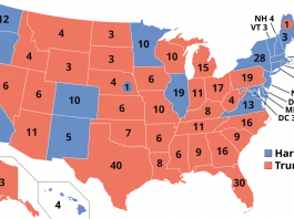 A U.S. map highlighting swing states in the Electoral College.