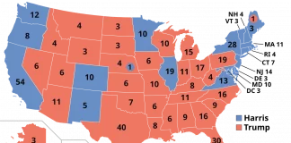 A U.S. map highlighting swing states in the Electoral College.