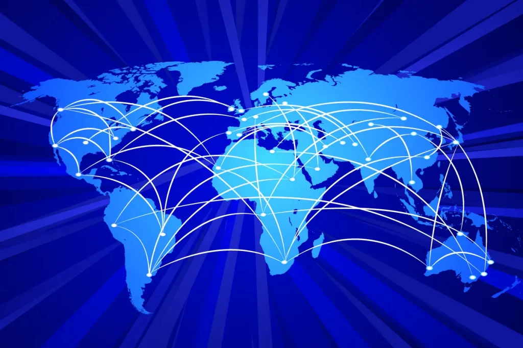 Global trade visualization highlighting international connections.