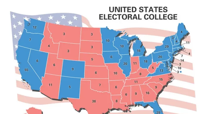 U.S. Electoral College map highlighting electoral votes by state.