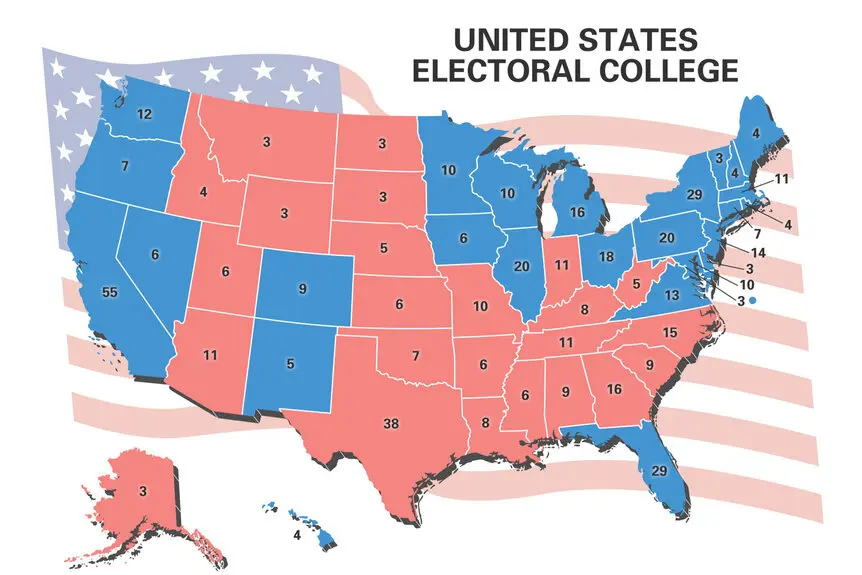 gettyimages-641457444 U.S. Electoral College map highlighting electoral votes by state.