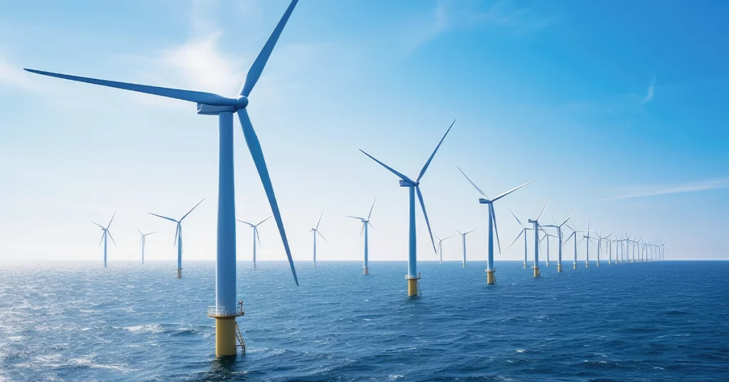 Wind turbines generating renewable energy in a rural landscape.
