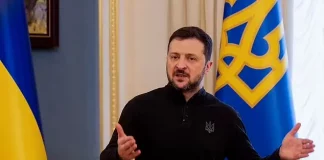 Ukrainian President Zelensky speaking at a press conference in Kyiv.