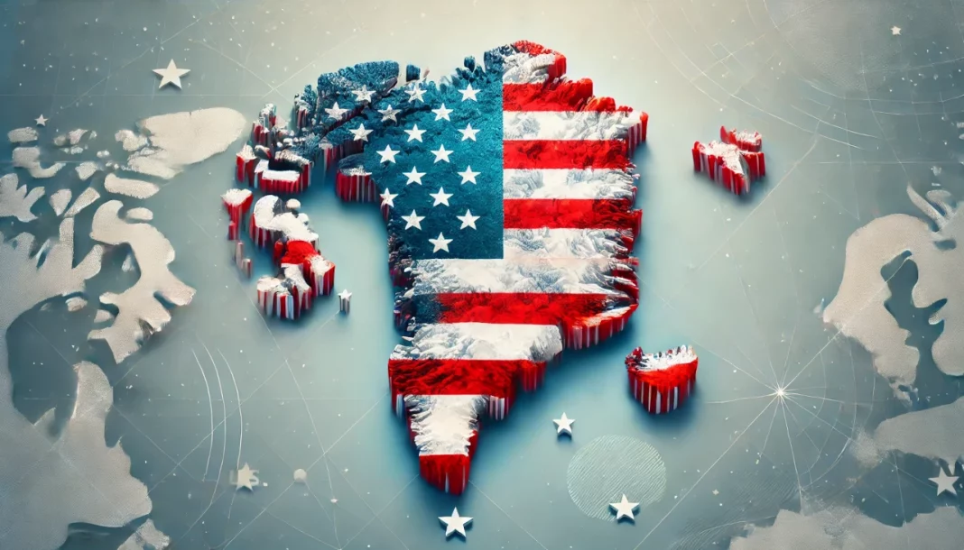 Greenland-as-US-51st-State Map of Greenland with an American flag overlay.