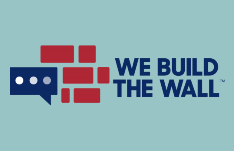 A donation page for "We Build the Wall" with images of the U.S.-Mexico border.